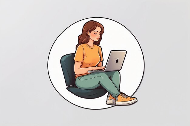 logotipo de adesivo minimalista mulher ou homem sentado em um laptop estilo simples bonito desenho animado fundo branco