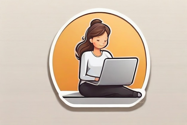 logotipo de adesivo minimalista mulher ou homem sentado em um laptop estilo simples bonito desenho animado fundo branco