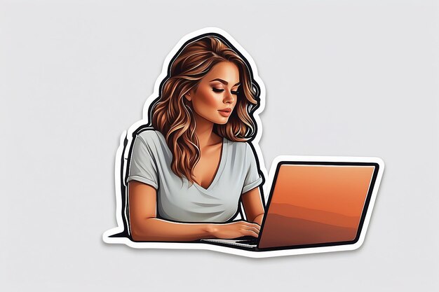 Foto logotipo de adesivo minimalista mulher ou homem sentado em um laptop estilo simples bonito desenho animado fundo branco