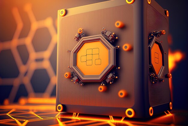 Logotipo de bateria ecológica em rede digital laranja futurista representando o conceito de fonte de energia renovável