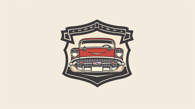 Foto logotipo de carro vintage com escudo e bandeira de fita
