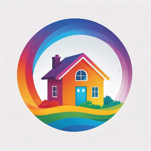 Foto logotipo de casa imobiliária símbolo de uma casa com um círculo colorido de arco-íris ao redor dela