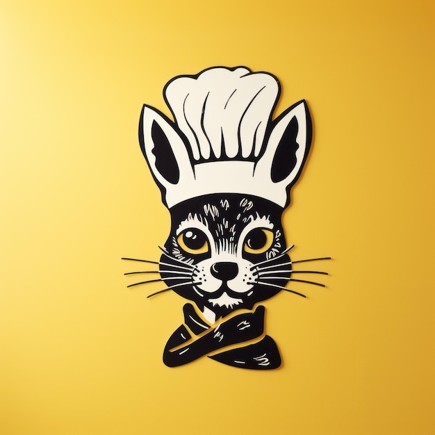 Foto logotipo de cozinheiros de coelho preto motivo felino travesso em fundo amarelo