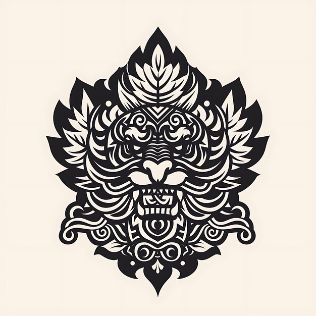 Logotipo de crista de folha de ginseng com padrões intrincados e t-shirt de desenho de contorno de tatuagem simples de tiger sy