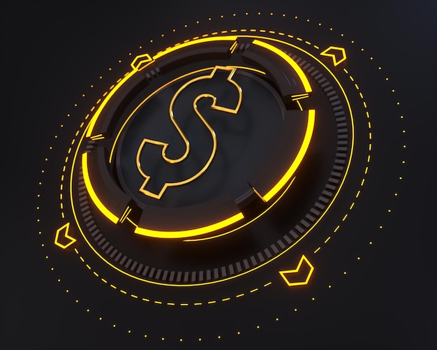 Logotipo de dinheiro de dólar de ouro no fundo digital escuro e forma de brilho amarelo