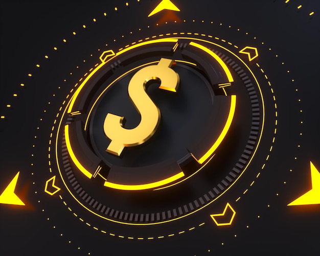 Logotipo de dinheiro em dólar de ouro no fundo digital escuro e forma de brilho amarelo