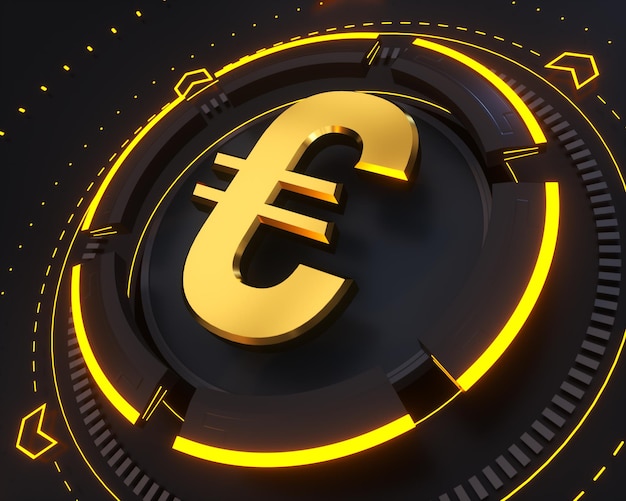 Logotipo de dinheiro euro dourado no fundo digital escuro e forma de brilho amarelo