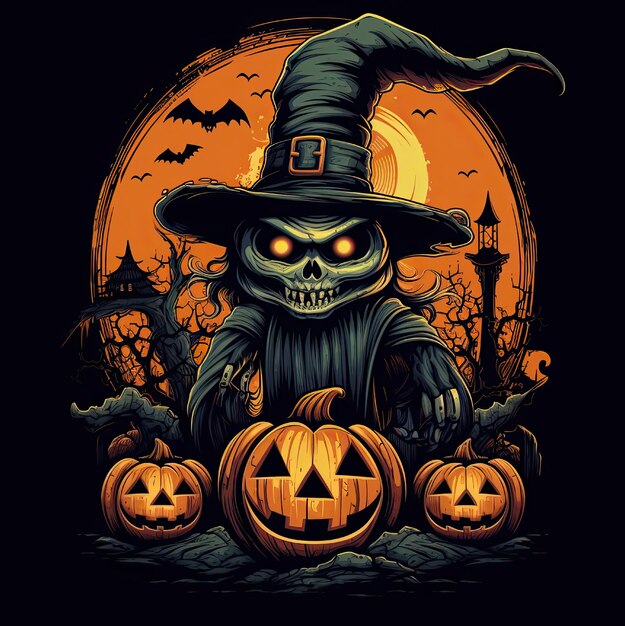 Foto logotipo de halloween com caracteres vintage em cores laranja e azul claro