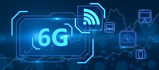 Logotipo de holograma azul 6g com logotipo wifi internet conceito de tecnologia sem fio renderização em 3d