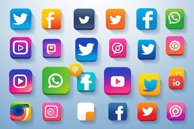 Logotipo de mídia social 3D Facebook Instagram YouTube WhatsApp Twitter ícone Colecção de logotipos de redes sociais 3D definido em botão quadrado ícone vetor editorial