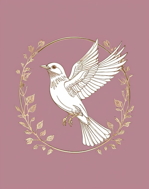 Foto logotipo de pássaro símbolo de aves uma pomba branca com uma moldura dourada em fundo rosa