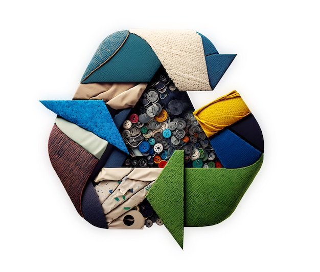 Logotipo de reciclagem costurado a partir de um pedaço de tecido em um objeto isolado de fundo branco