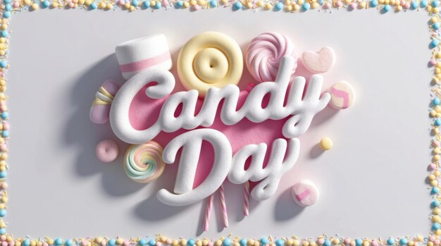 El logotipo del Día del Caramelo en colores pastel con marshmallows suaves como nubes y formas de caramelo