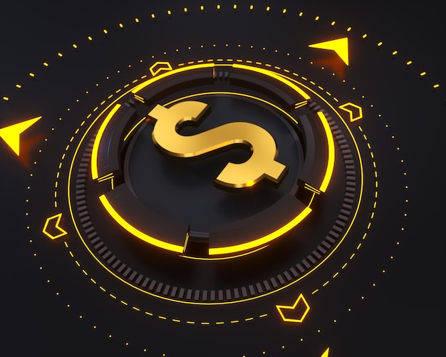 Logotipo de dinero en dólares de oro en el fondo digital oscuro y forma de brillo amarillo