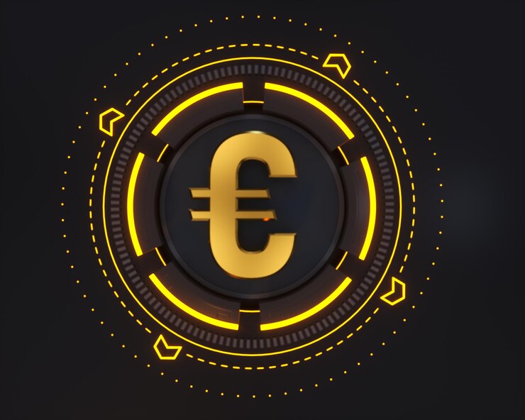 Logotipo de dinero en euros de oro en el fondo digital oscuro y forma de brillo amarillo