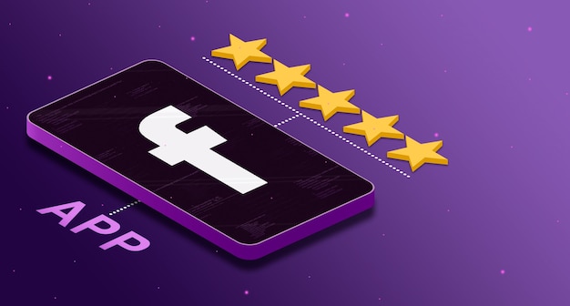 Logotipo do aplicativo do Facebook no telefone com uma classificação de cinco estrelas em 3d