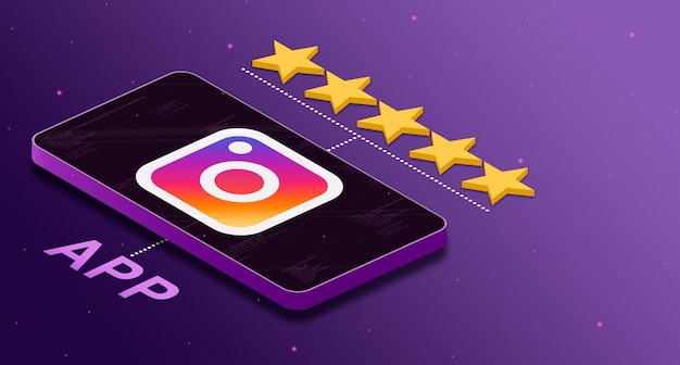 Logotipo do aplicativo instagram no telefone com uma classificação de cinco estrelas em 3d