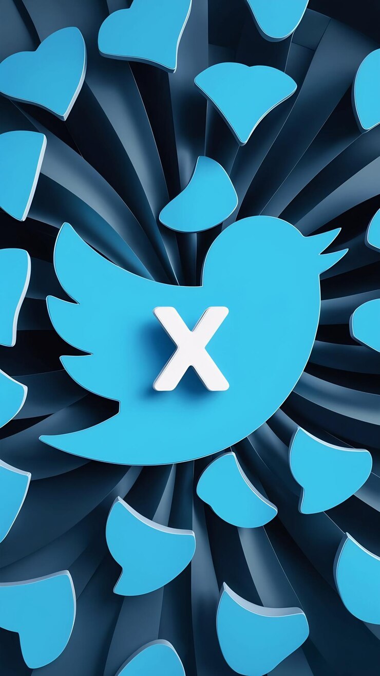 Foto logotipo do aplicativo x na frente do fundo do símbolo de pássaro azul do twitter em renderização 3d