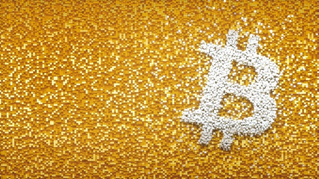 Foto logotipo do bitcoin em ilustração 3d de conceito de pixel de cubo de plano de fundo abstrato