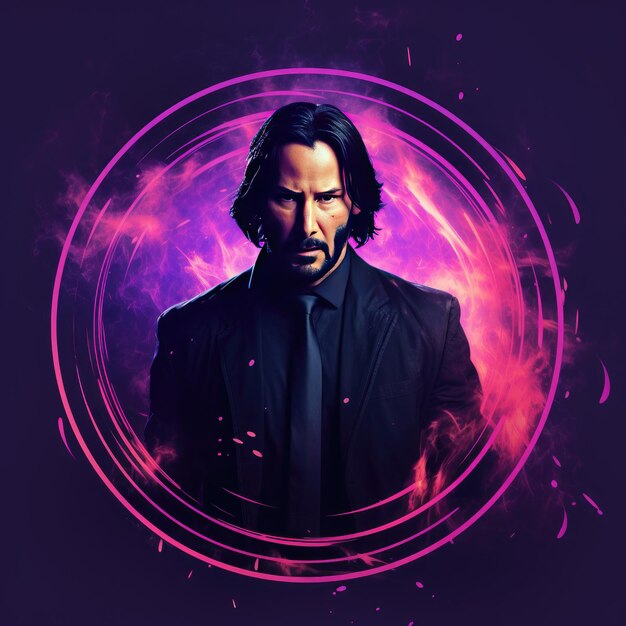 Logotipo do Círculo 3D Keanu Reeves em um vislumbre de tristeza em meio a um fundo de fumaça roxa