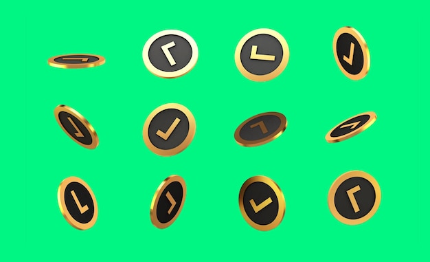 Logotipo do círculo de marcas de seleção flutuando no fundo verde Ilustração 3d ícones de negócios de ouro