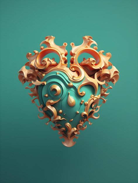 Logotipo do coração azul-petróleo 3D com veios dourados em fundo azul-petróleo com iluminação de estúdio em estilo barroco