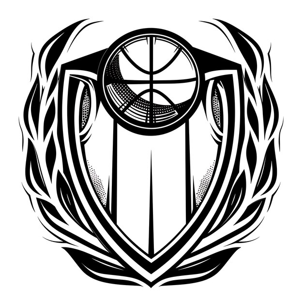 Logotipo do Escudo do Prêmio de Equipe Esportiva com Basquete e T-shirt para Design Simples Criativo Tatuagem Arte CNC