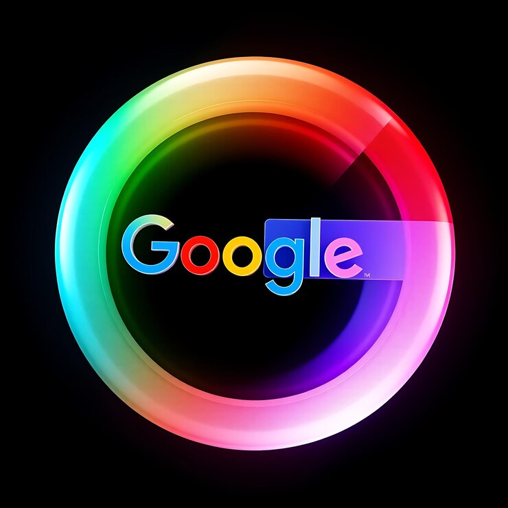 Foto logotipo do google com 3d render frosted glass material soft glow esquema multicolor isolado em black bac