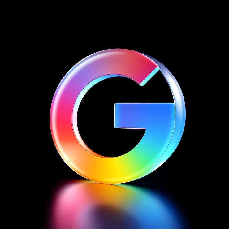 Foto logotipo do google com 3d render frosted glass material soft glow esquema multicolor isolado em black bac
