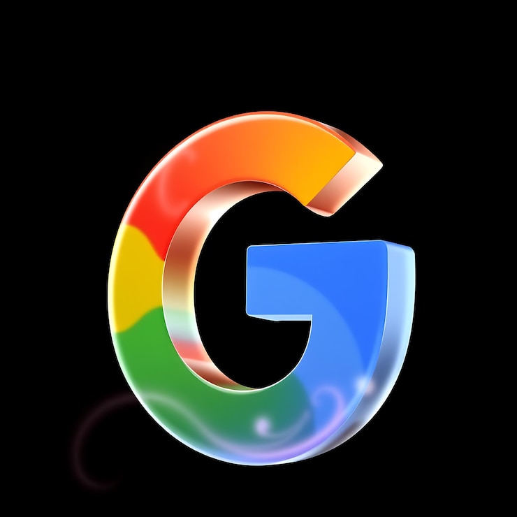 Foto logotipo do google com 3d render frosted glass material soft glow esquema multicolor isolado em black bac