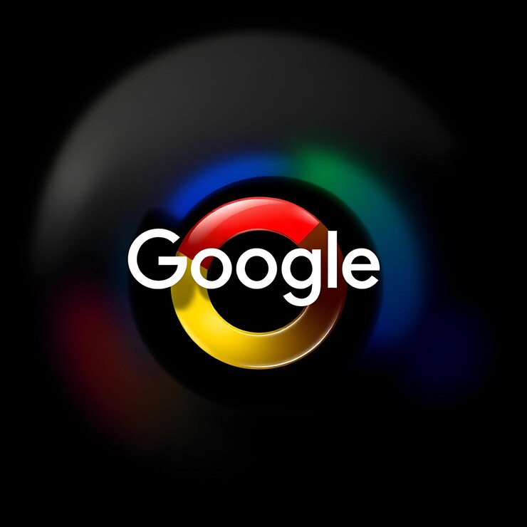 Foto logotipo do google com renderização 3d material de vidro desfocado esquema multicolor de brilho suave isolado em black bac
