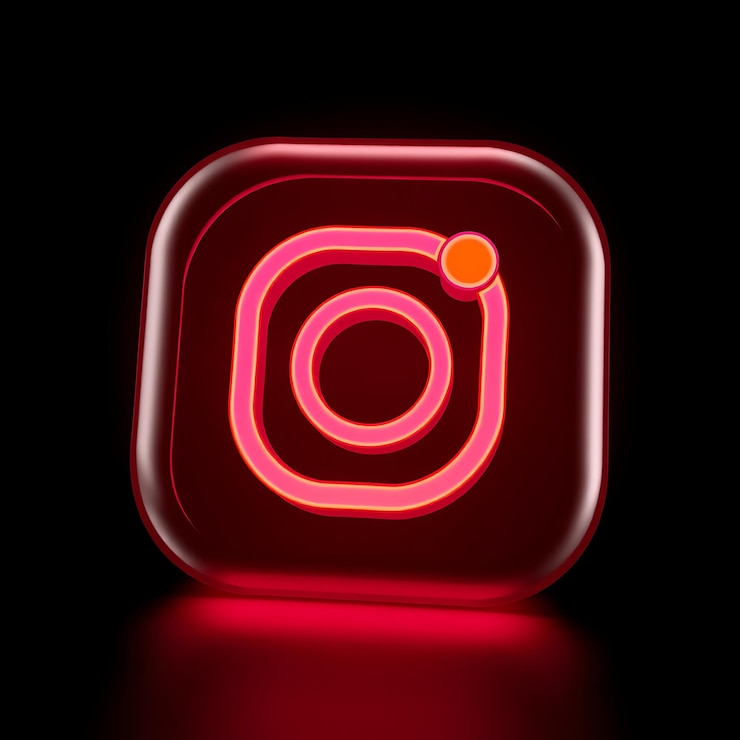 Foto logotipo do instagram com renderização 3d matte glass material neon glow gradiente escema de cores rosa e laranja