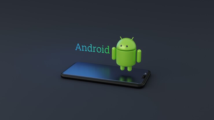 Foto logotipo do sistema operacional android com smartphone 3d