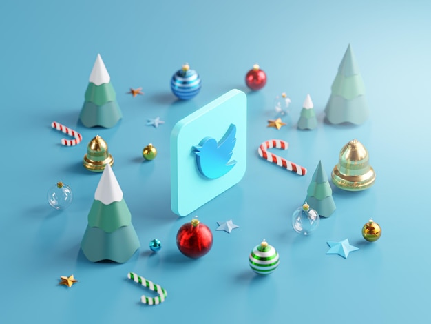 Logotipo do Twitter Enfeite de natal fofo deitado no chão Fundo azul Renderização em 3D