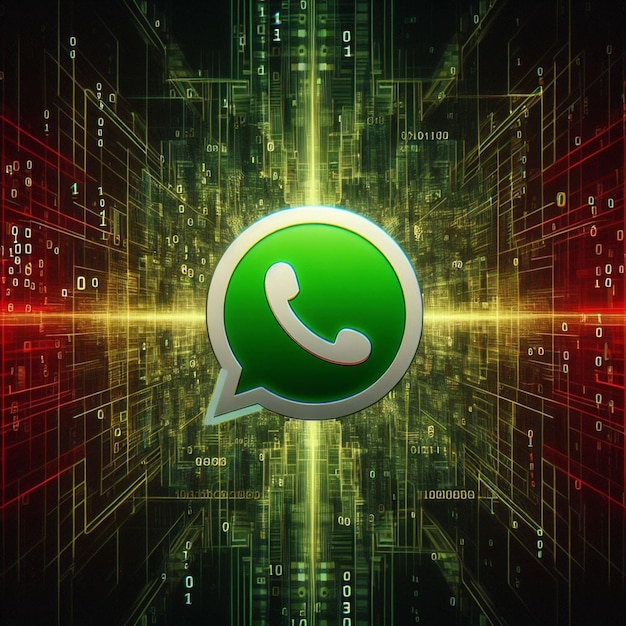 Logotipo do WhatsApp em código, pontes de mensagens e programação para um futuro digital tecnológico