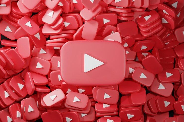 logotipo do youtube com pilha espalhada de fundo de ícones