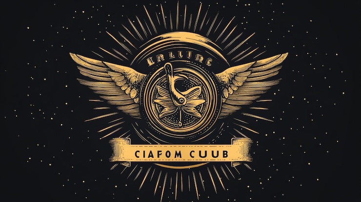 Foto logotipo dorado con alas, círculo, gancho y cinta con texto