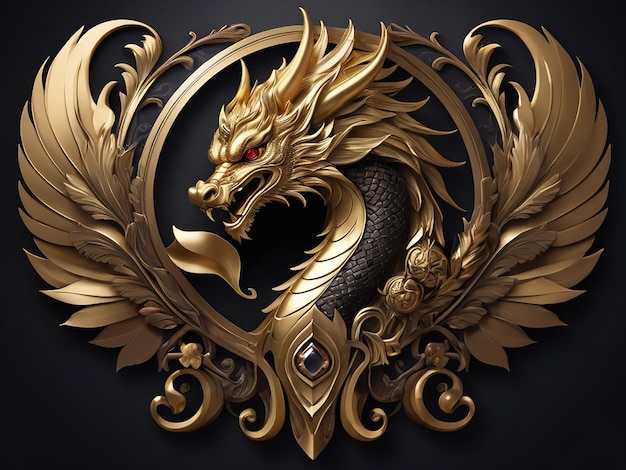 Logotipo del dragón dorado en 3D con alas doradas y tallas intrincadas