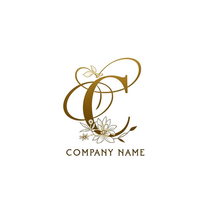 Foto logotipo elegante da letra c com decorações florais e sotaques dourados