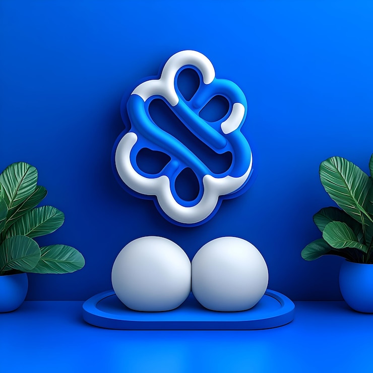Foto logotipo elegante y minimalista de la conferencia técnica con icono abstracto sobre un fondo azul sólido