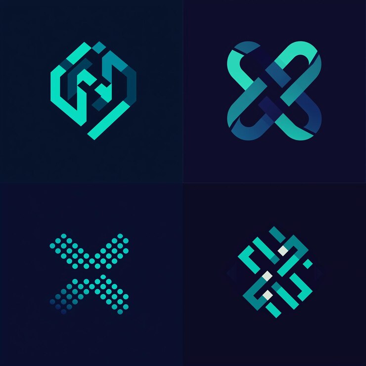 Foto un logotipo elegante que muestra un símbolo de byte pixelado hecho de formas geométricas vinculadas en azul marino y azul azul sobre un fondo limpio