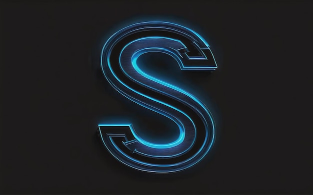 Foto logotipo eletrificado da letra s azul neon em um fundo preto