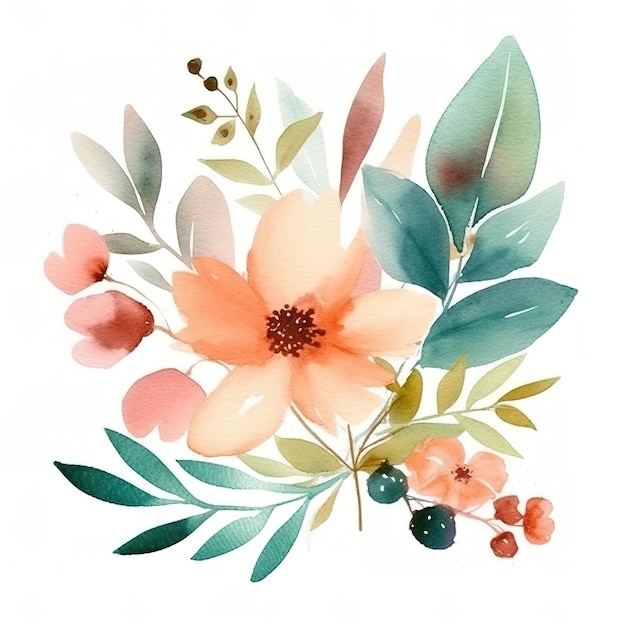 Logotipo em aquarela com flores e folhas em arranjo mínimo