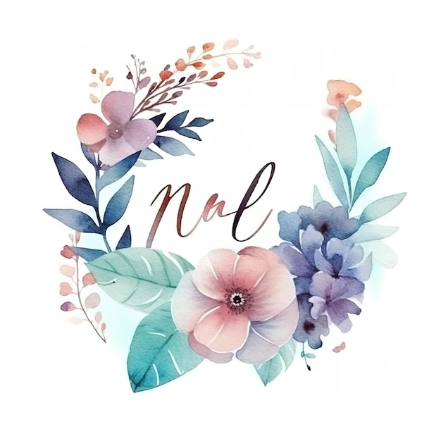 Logotipo em aquarela com flores e folhas em arranjo mínimo