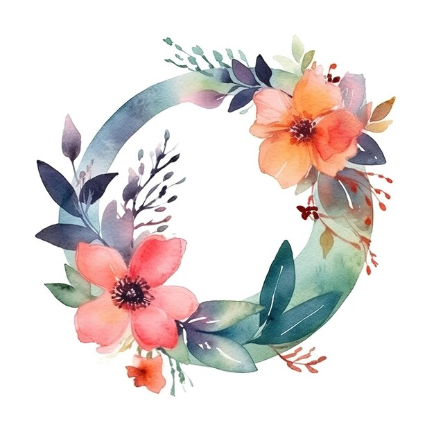 Logotipo em aquarela com flores e folhas em arranjo mínimo