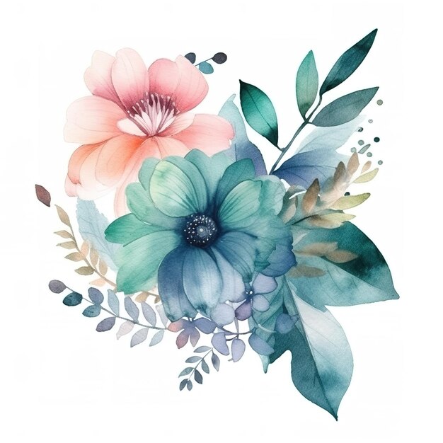 Logotipo em aquarela com flores e folhas em arranjo mínimo