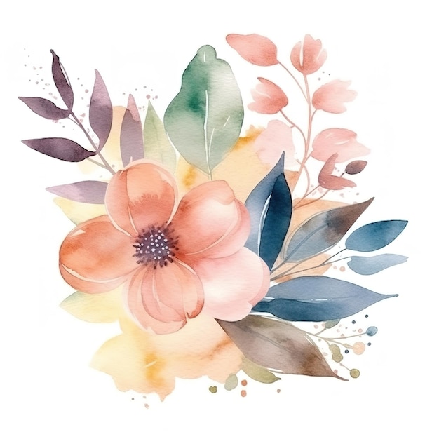 Foto logotipo em aquarela com flores e folhas em arranjo mínimo