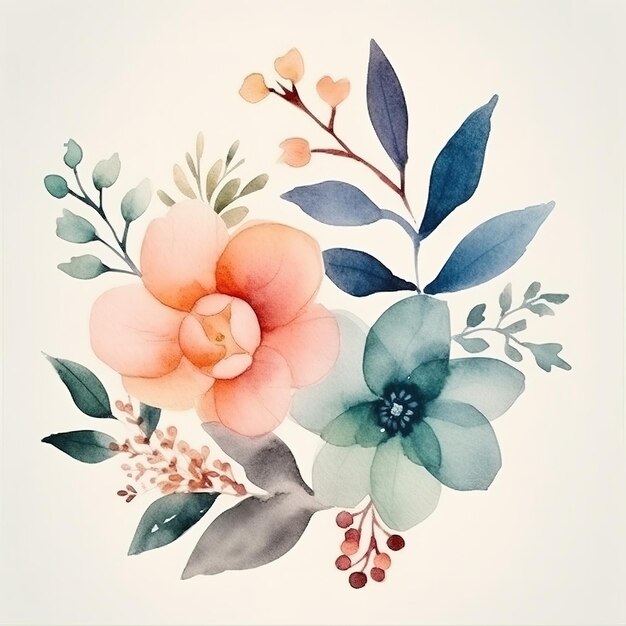 Foto logotipo em aquarela com flores e folhas em arranjo mínimo