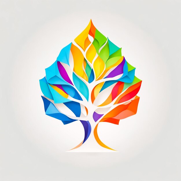 Un logotipo emblema que contiene el árbol de la vida como combinación de origami de colores vibrantes