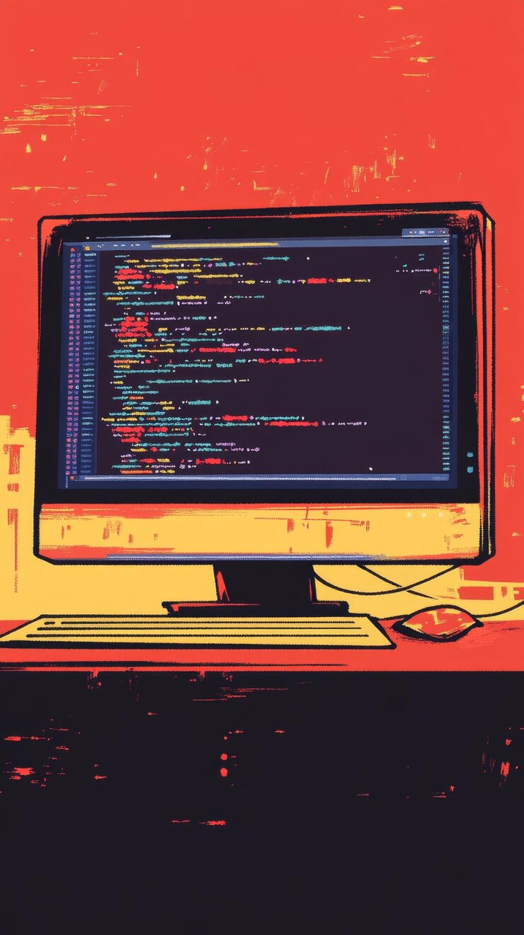 Foto logotipo de la empresa creadora del sitio web con monitor y código del sitio web